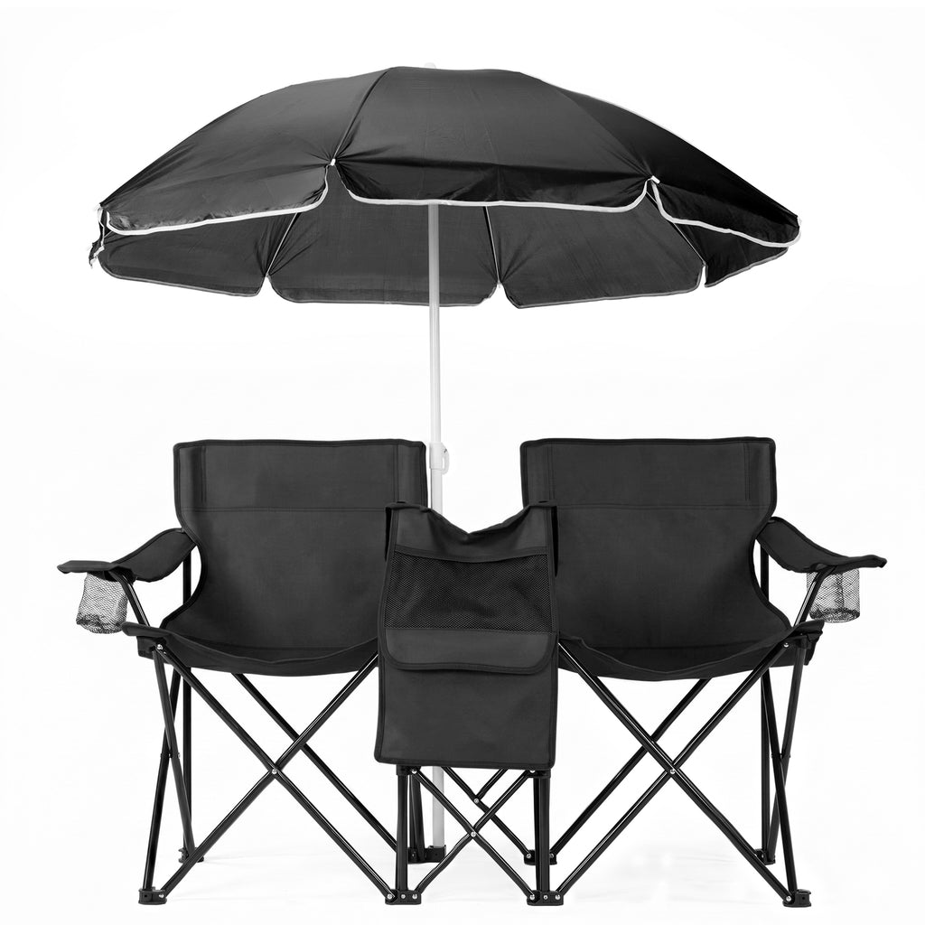 AEELLEEA Double Folding Camping Chair Set with 60" Sun Umbrella, Portable Outdoor 2-Seat Chair for Patio Beach