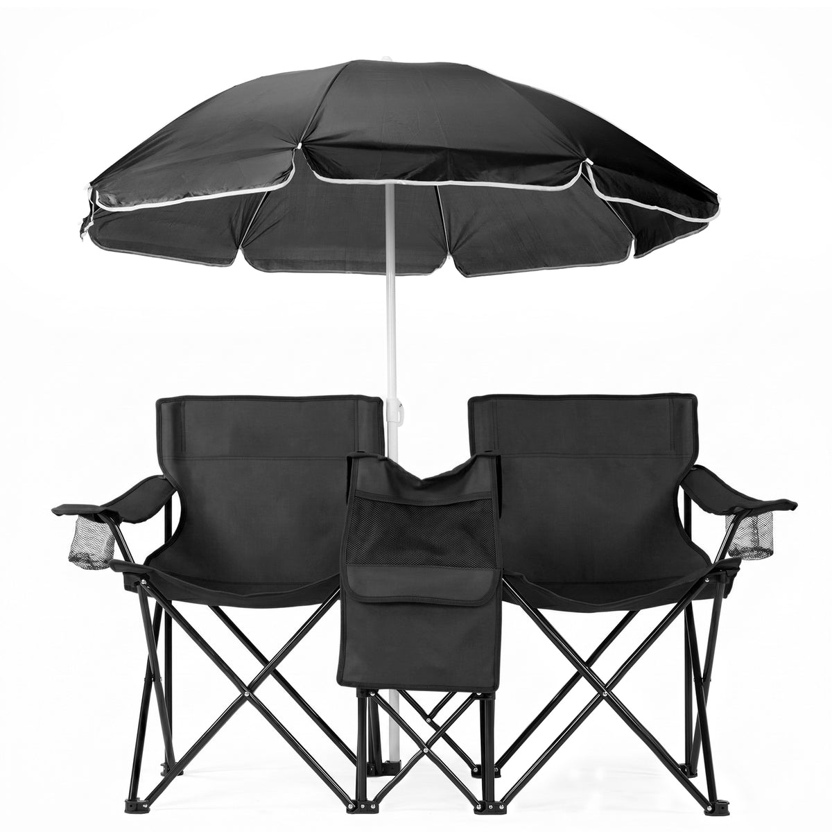 AEELLEEA Double Folding Camping Chair Set with 60" Sun Umbrella, Portable Outdoor 2-Seat Chair for Patio Beach