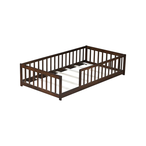 AEELLEEA Twin Size Montessori Floor Bed with Guardrails, Wooden Kids Bed Frame with Slats and Low Entry, Dark Brown
