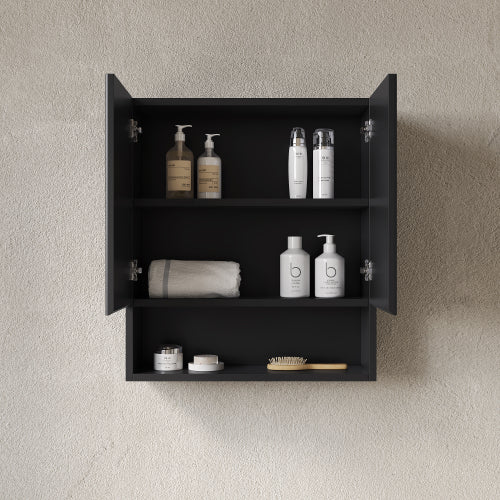 26" Black Fluted Wall Mounted Bathroom Cabinet, Storage with 2 Doors Open Shelf, Modern Wall Cabinet for Bathroom Kitchen Living Room