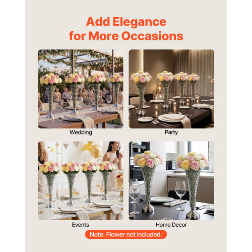 4 Pack 20 Inch Crystal Wedding Vases, Silver Metal Trumpet Flower Stand for Wedding Centerpieces, Party Decor