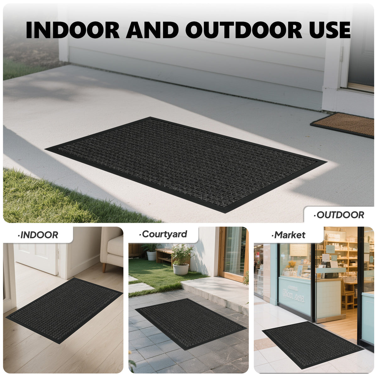 AEELLEEA Low Profile Rubber Border Doormat, Polypropylene Grid Surface Dirt Trapping Entry Mat, Non Slip Outdoor Indoor Welcome Mat for Front Door
