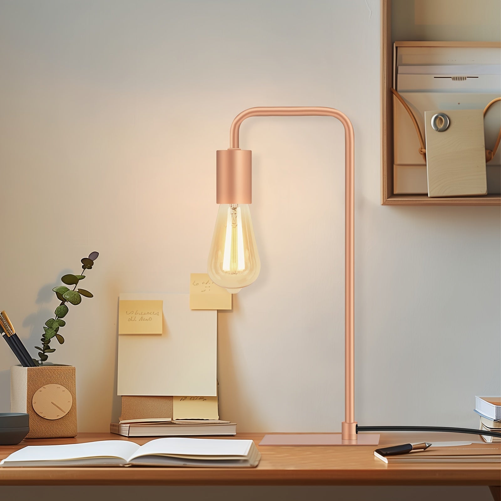 Rose Gold Desk Lamp - Edison Desk Lamp - Industrial Bedside Lamp For Bedroom, Living Room, Dormitory - Small Metal Lamp For Reading, Nightstand, Dressing Table