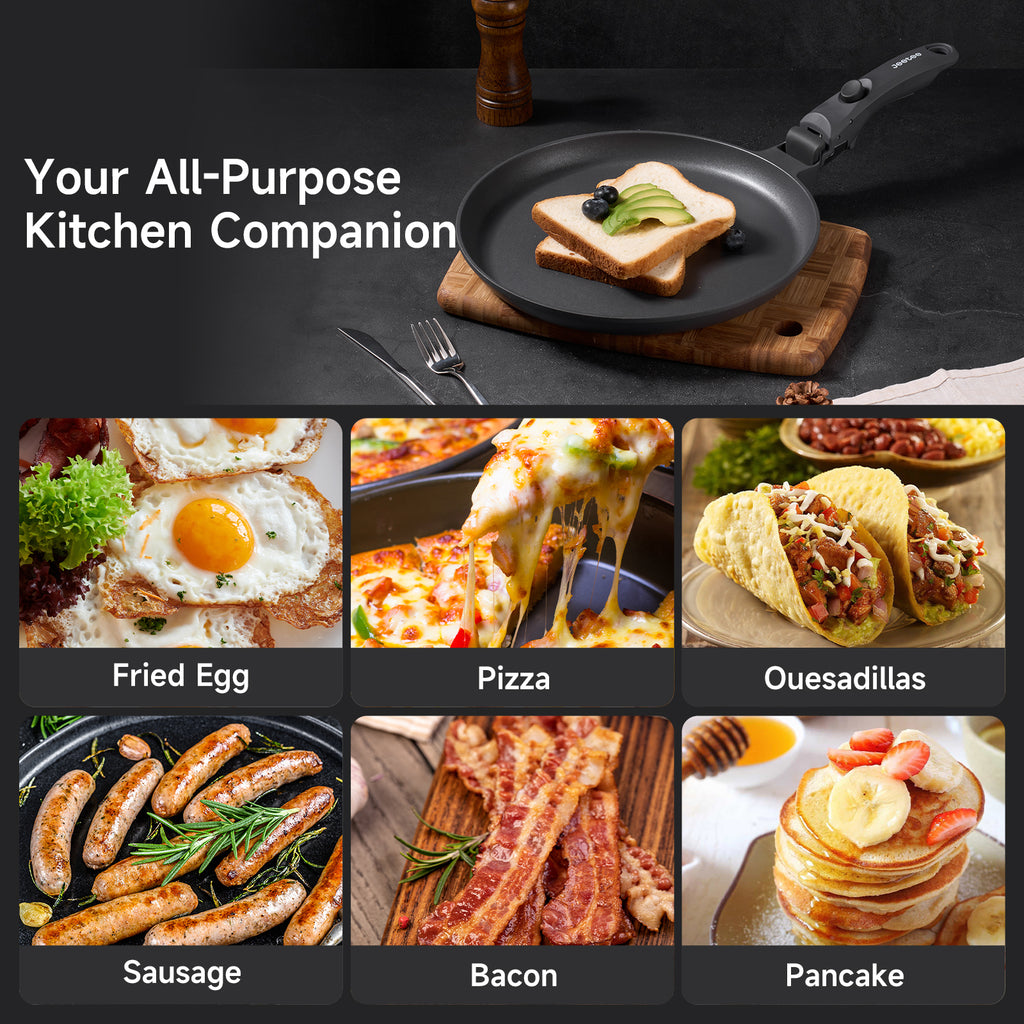 9.5 Inch Nonstick Crepe Pan with Detachable Handle, Titanium Pancake Pan, Flat Tawa Dosa Tortilla Pan, Induction Compatible, Oven Safe, Dishwasher Safe, PTFE & PFOA Free