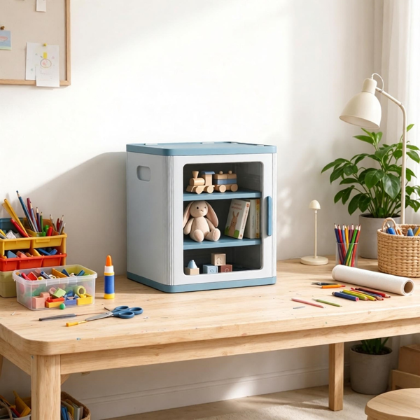 AEELLEEA Kids Storage Cabinet with Clear Door, 2-Tier Toy and Book Organizer, 15.2" x 14" x 16.1", Blue