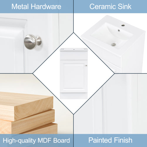 White Bathroom Vanity with Sink 18 Inch, Freestanding Small Bathroom Cabinet with Ceramic Basin, Soft Close Door