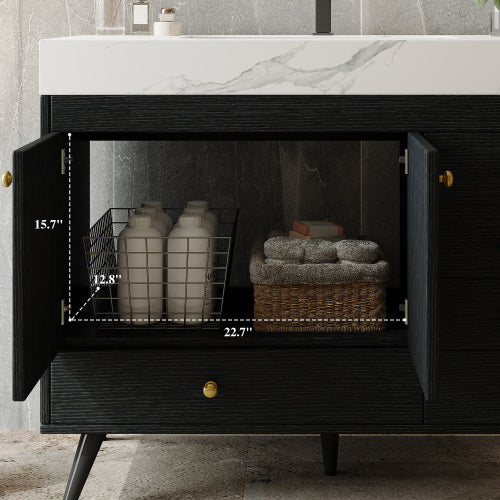 Bathroom Vanity with Sink, 36 Inch Black Wood Freestanding Vanity with Marble Top, Double Doors and Drawers Cabinet