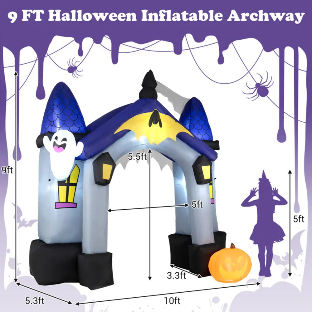 9 ft Halloween Inflatable Castle Archway with LED Lights, Large Blow Up Entrance Arch Outdoor Yard Decoration for Halloween Party, Lawn & Garden