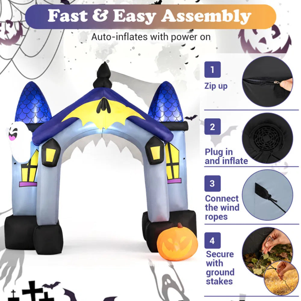 9 ft Halloween Inflatable Castle Archway with LED Lights, Large Blow Up Entrance Arch Outdoor Yard Decoration for Halloween Party, Lawn & Garden