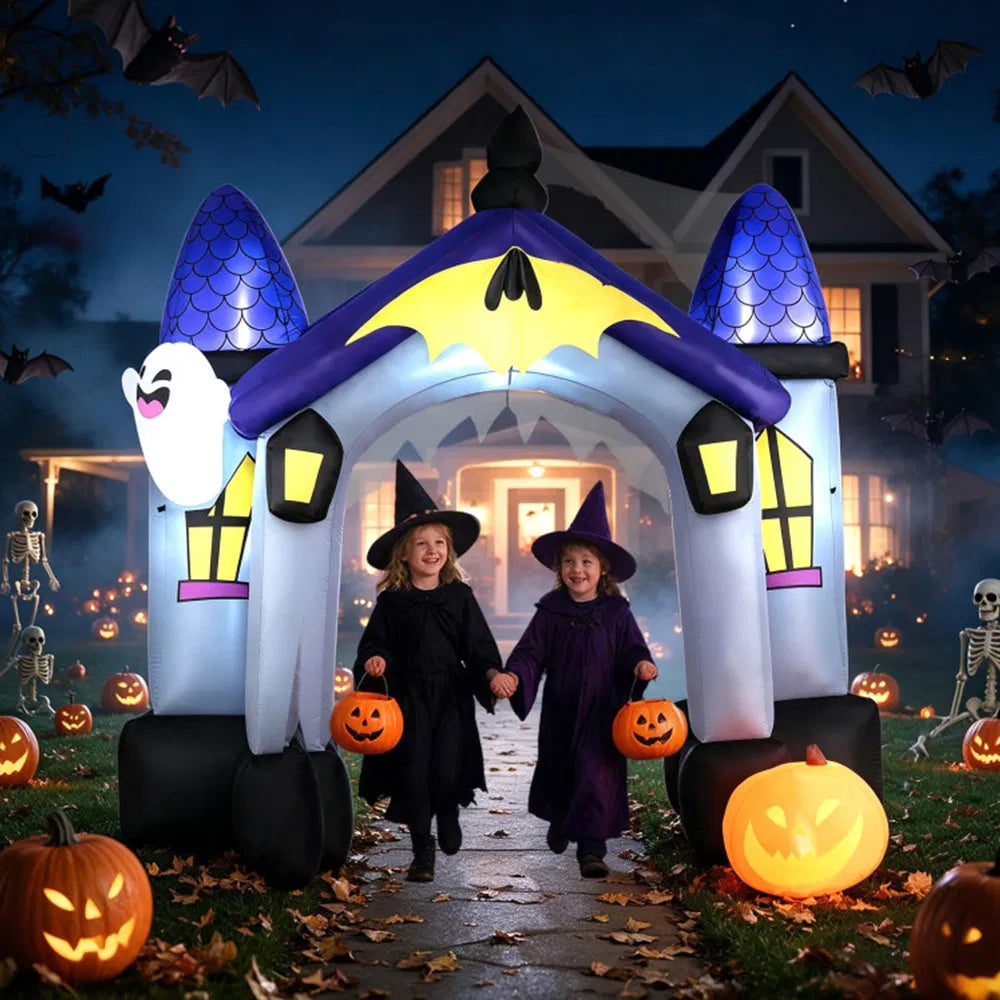 9 ft Halloween Inflatable Castle Archway with LED Lights, Large Blow Up Entrance Arch Outdoor Yard Decoration for Halloween Party, Lawn & Garden