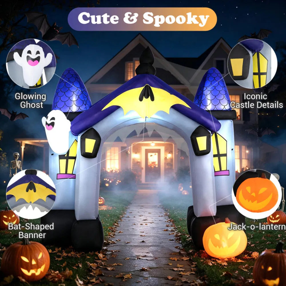 9 ft Halloween Inflatable Castle Archway with LED Lights, Large Blow Up Entrance Arch Outdoor Yard Decoration for Halloween Party, Lawn & Garden