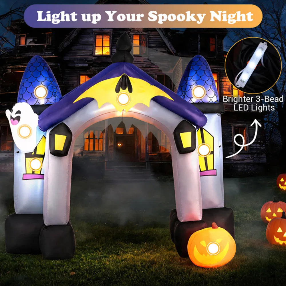9 ft Halloween Inflatable Castle Archway with LED Lights, Large Blow Up Entrance Arch Outdoor Yard Decoration for Halloween Party, Lawn & Garden