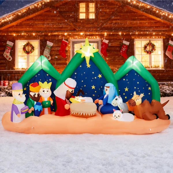 Aeelleea 9Ft Inflatable Nativity Scene Christmas Decor, Blow Up Ornament with Built-in LED Lights for Yard Lawn Garden Holiday Display