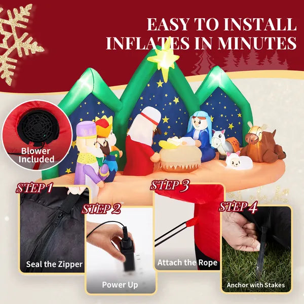 Aeelleea 9Ft Inflatable Nativity Scene Christmas Decor, Blow Up Ornament with Built-in LED Lights for Yard Lawn Garden Holiday Display