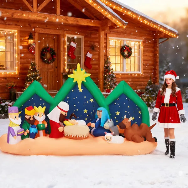 Aeelleea 9Ft Inflatable Nativity Scene Christmas Decor, Blow Up Ornament with Built-in LED Lights for Yard Lawn Garden Holiday Display