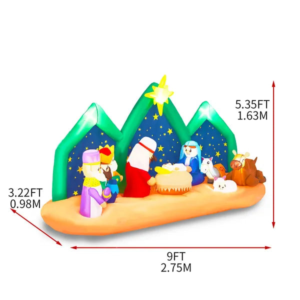 Aeelleea 9Ft Inflatable Nativity Scene Christmas Decor, Blow Up Ornament with Built-in LED Lights for Yard Lawn Garden Holiday Display