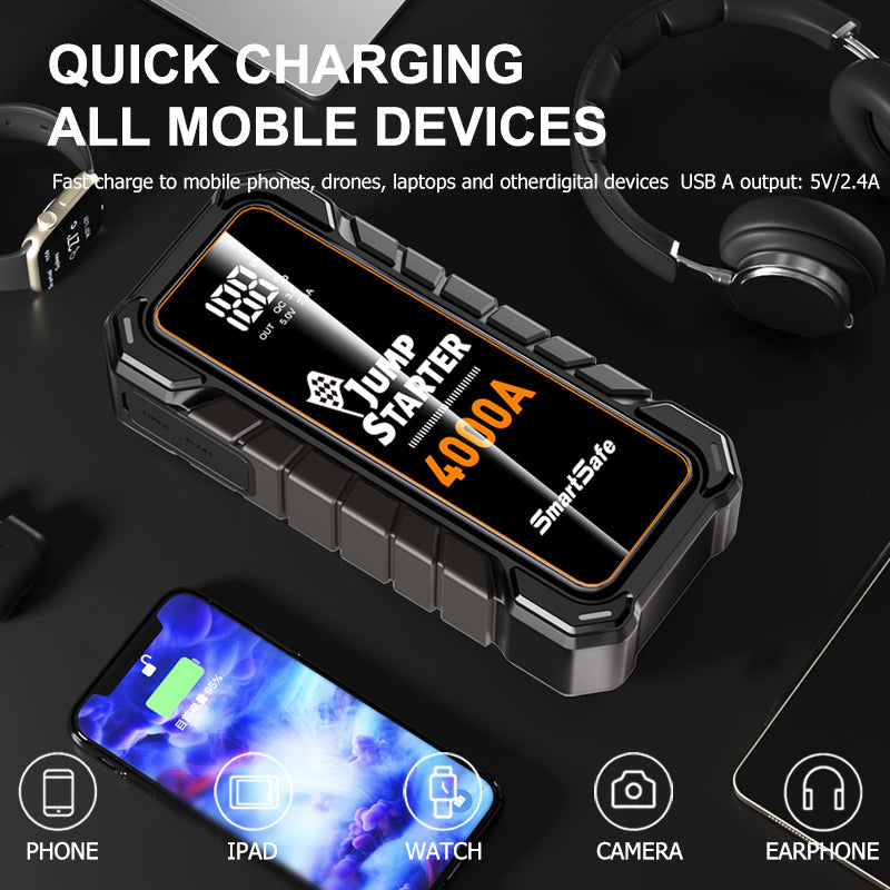 12V Portable Car Battery Jump Starter, 4000A Peak, USB Power Bank, LED Flashlight, LCD Display, Storage Case