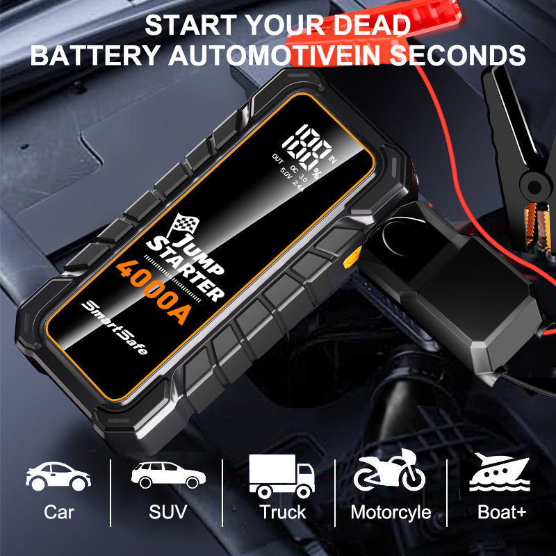 12V Portable Car Battery Jump Starter, 4000A Peak, USB Power Bank, LED Flashlight, LCD Display, Storage Case