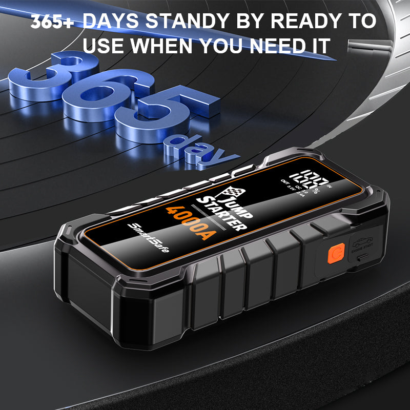 12V Portable Car Battery Jump Starter, 4000A Peak, USB Power Bank, LED Flashlight, LCD Display, Storage Case