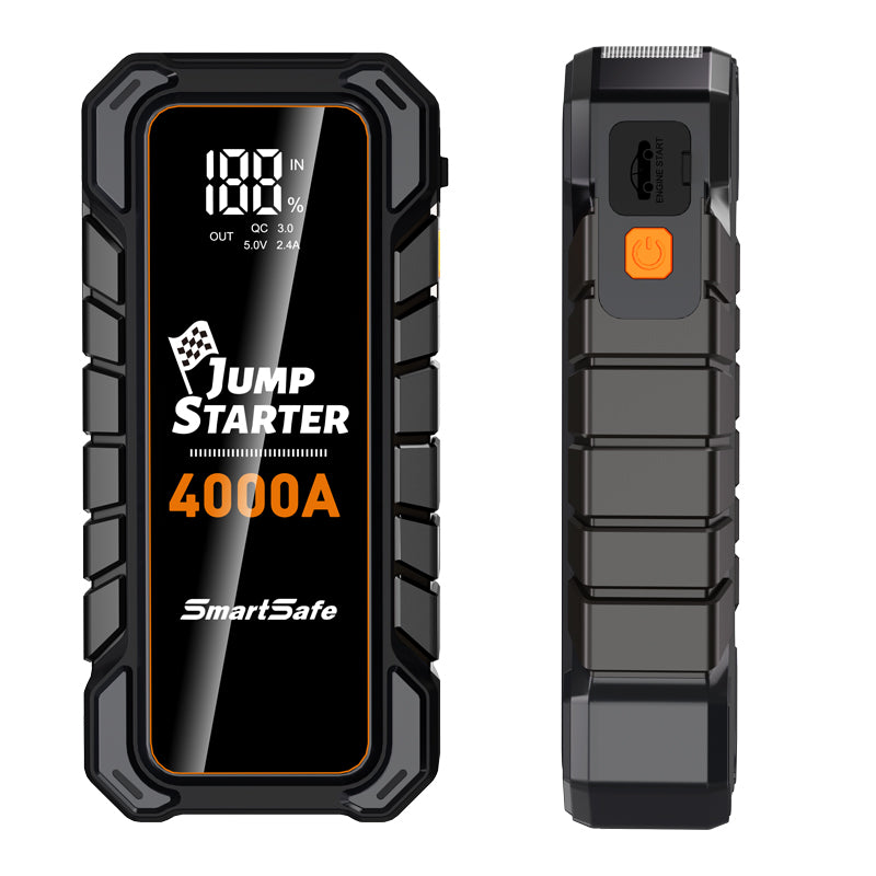 12V Portable Car Battery Jump Starter, 4000A Peak, USB Power Bank, LED Flashlight, LCD Display, Storage Case