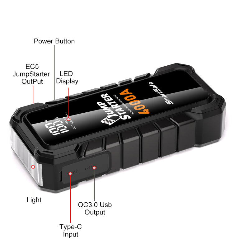 12V Portable Car Battery Jump Starter, 4000A Peak, USB Power Bank, LED Flashlight, LCD Display, Storage Case