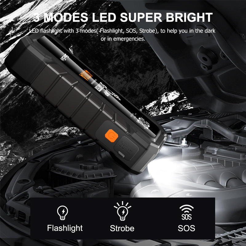 12V Portable Car Battery Jump Starter, 4000A Peak, USB Power Bank, LED Flashlight, LCD Display, Storage Case