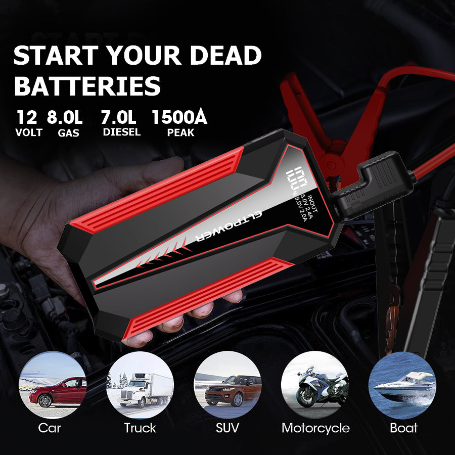 2000A Portable Car Jump Starter, 12V Battery Booster with LED Flashlight, USB Charger, Storage Case