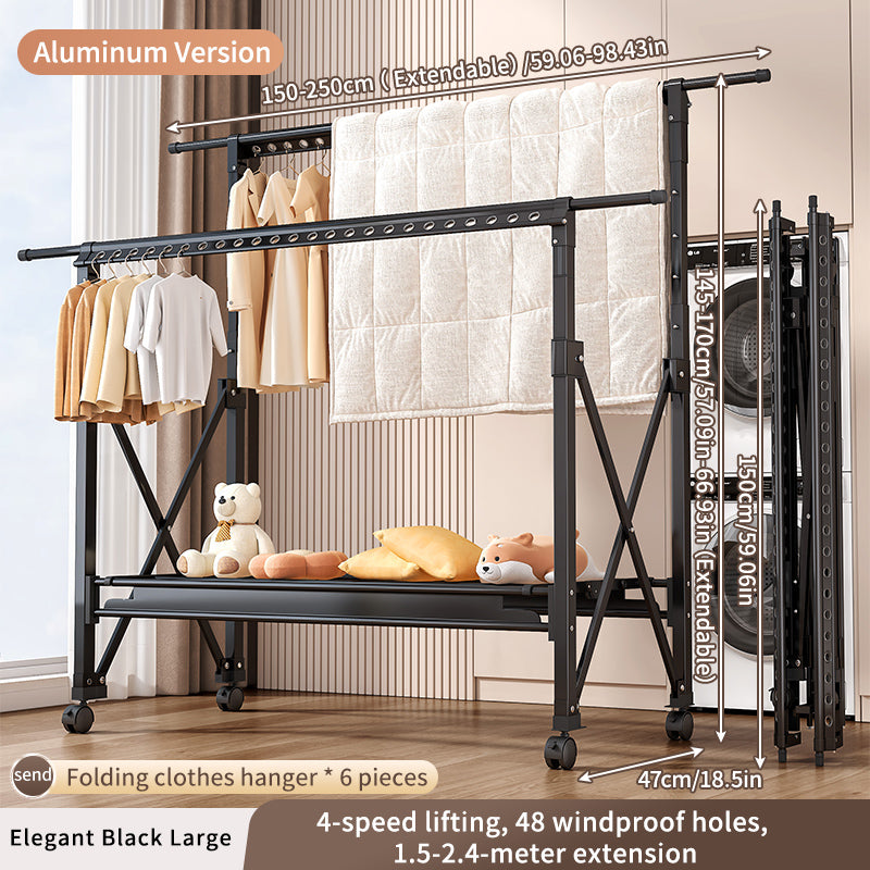 Heavy Duty Foldable Clothes Drying Rack with Wheels, Adjustable Height & Length Portable Laundry Garment Rack