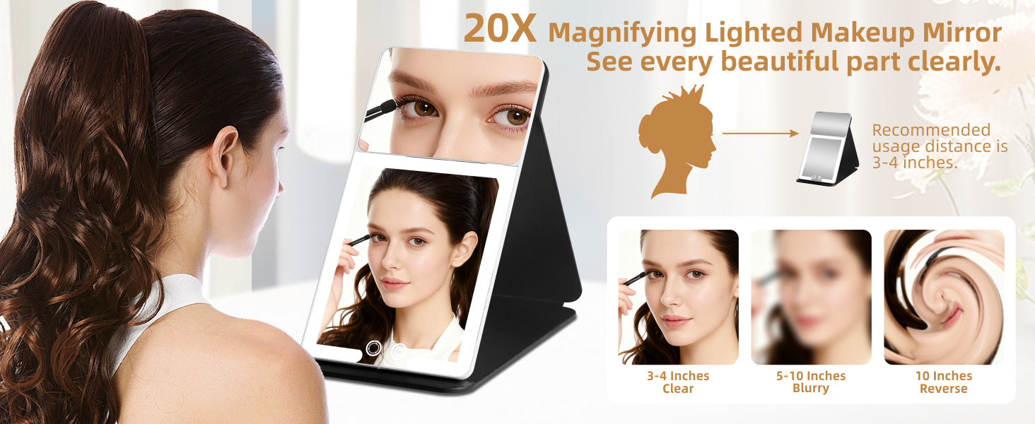 20X Magnification LED Travel Mirror  3Color Light Black Leather Case Portable