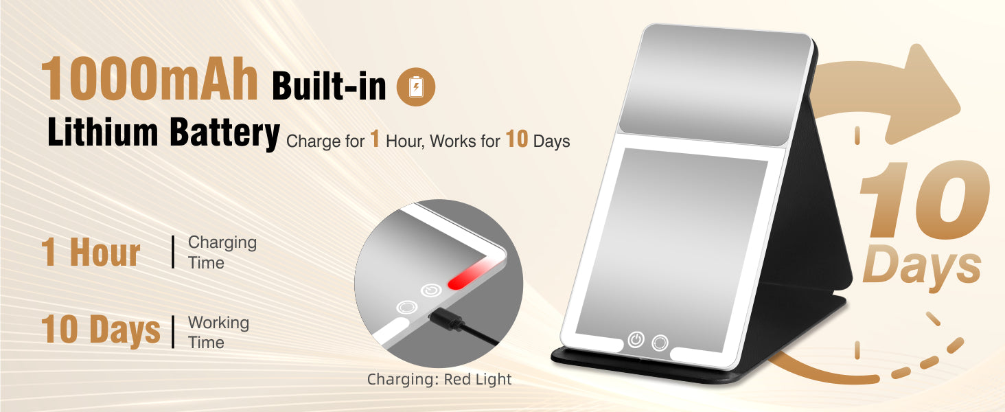 20X Magnification LED Travel Mirror  3Color Light Black Leather Case Portable