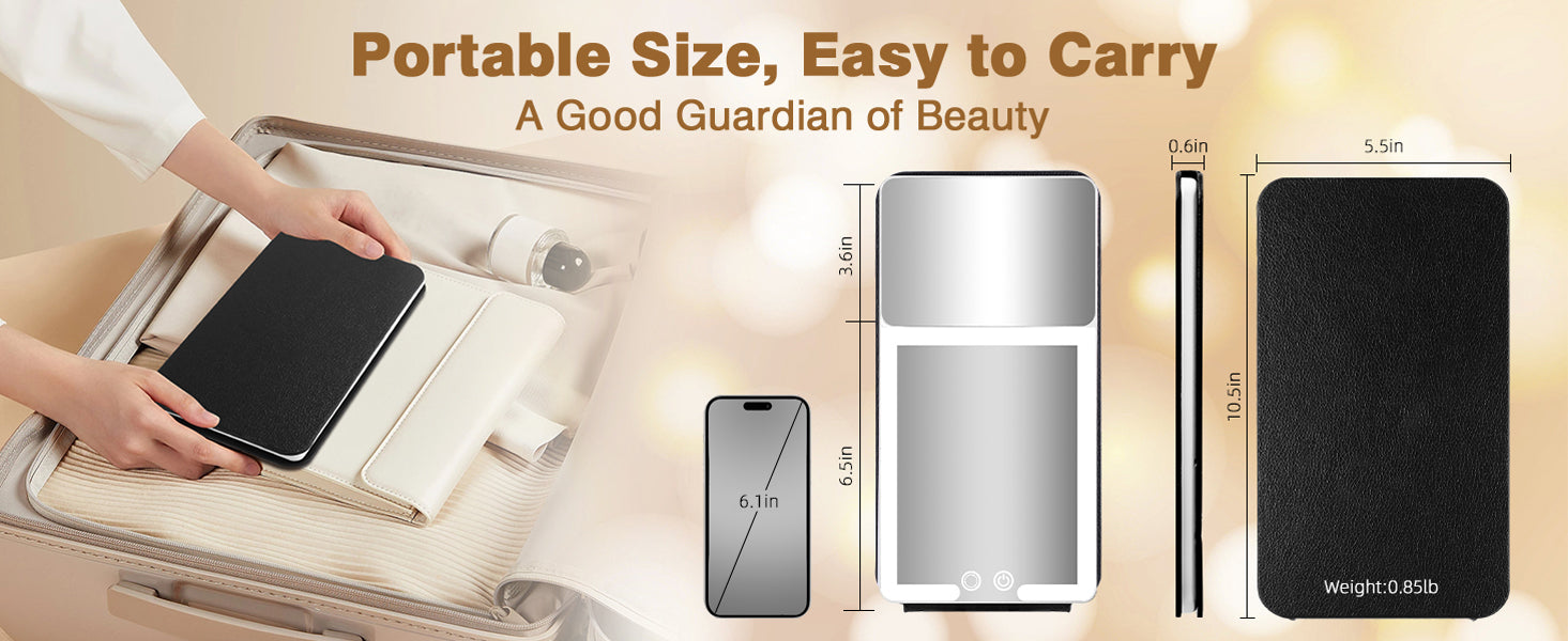 20X Magnification LED Travel Mirror  3Color Light Black Leather Case Portable