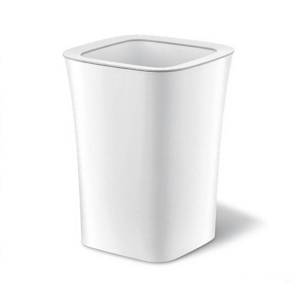 White Open-Top Rectangular Plastic Trash Can, Slim Space-Saving Waste Bin with Garbage Bag Fixing Rim, Modern Waste Container for Kitchen, Bathroom, Bedroom & Office
