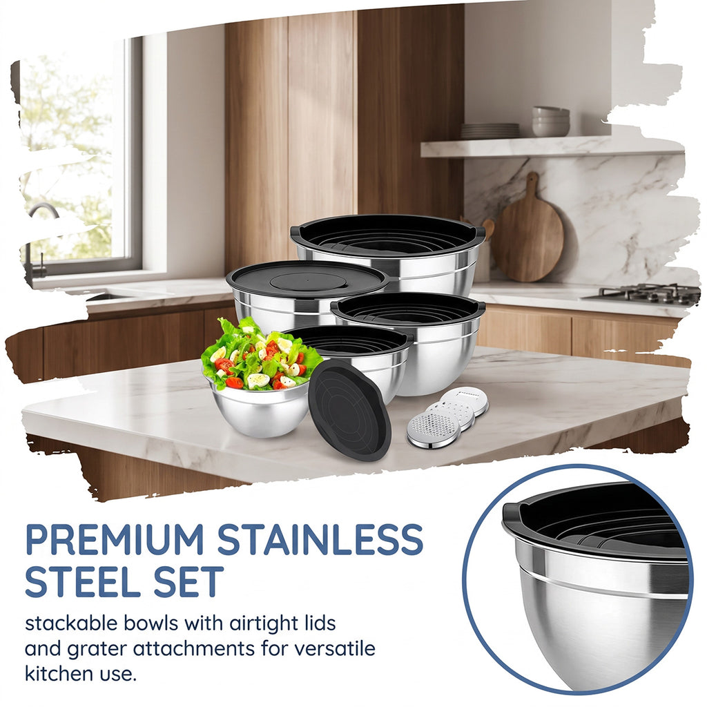 5-Piece Stainless Steel Mixing Bowls with Lids, Nesting Salad and Food Prep Bowls for Kitchen, Cooking, Baking and Food Storage