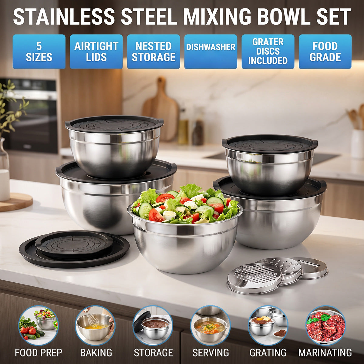 5-Piece Stainless Steel Mixing Bowls with Lids, Nesting Salad and Food Prep Bowls for Kitchen, Cooking, Baking and Food Storage