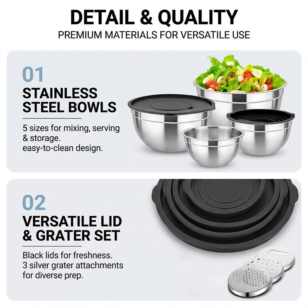 5-Piece Stainless Steel Mixing Bowls with Lids, Nesting Salad and Food Prep Bowls for Kitchen, Cooking, Baking and Food Storage