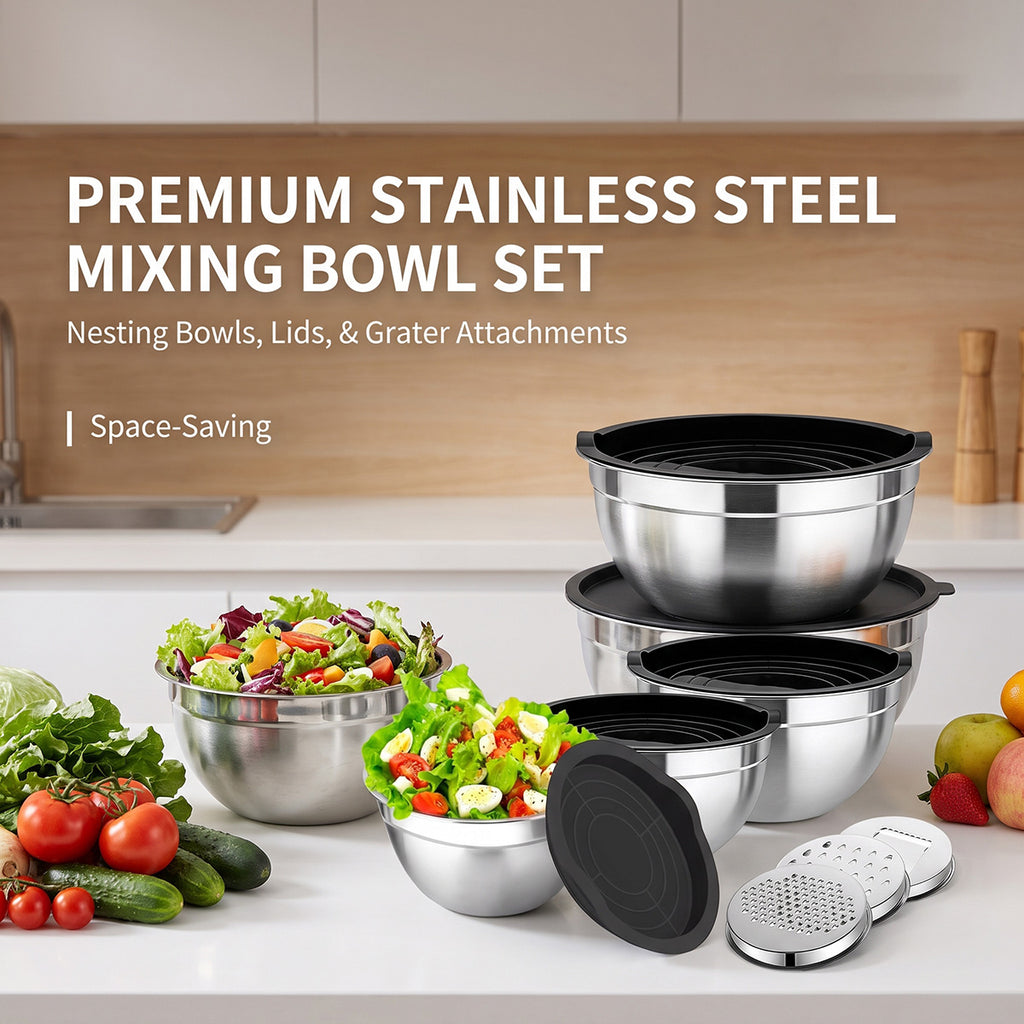 5-Piece Stainless Steel Mixing Bowls with Lids, Nesting Salad and Food Prep Bowls for Kitchen, Cooking, Baking and Food Storage