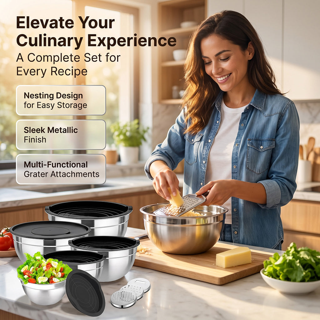 5-Piece Stainless Steel Mixing Bowls with Lids, Nesting Salad and Food Prep Bowls for Kitchen, Cooking, Baking and Food Storage