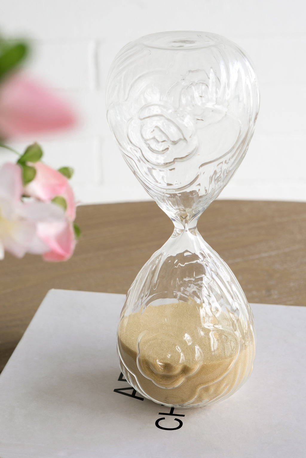 3.9" x 10" Decorative 45-Minute Hourglass with Clear Embossed Rose & Black Sand, Decorative Tabletop Ornament