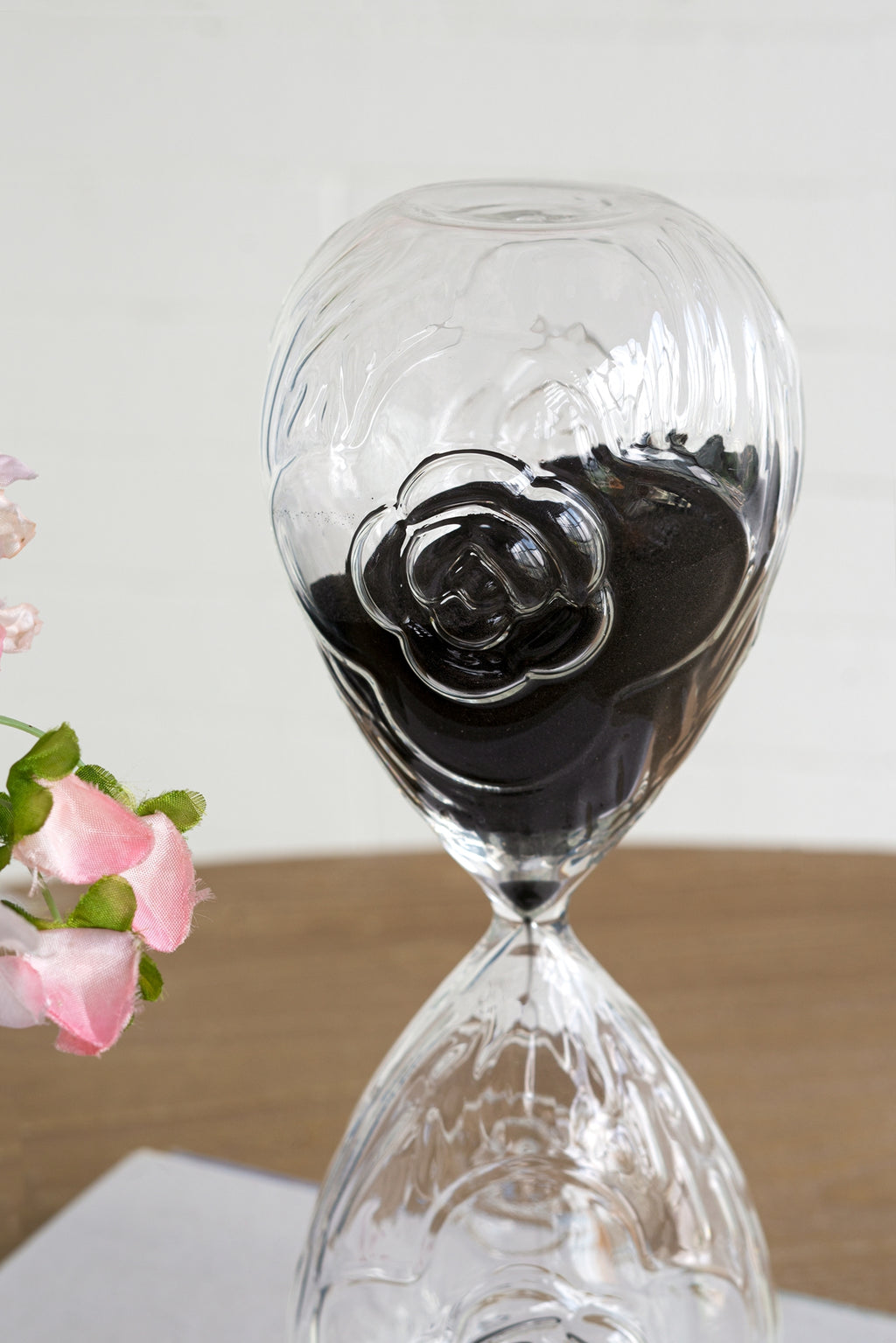 3.9" x 10" Decorative 45-Minute Hourglass with Clear Embossed Rose & Black Sand, Decorative Tabletop Ornament