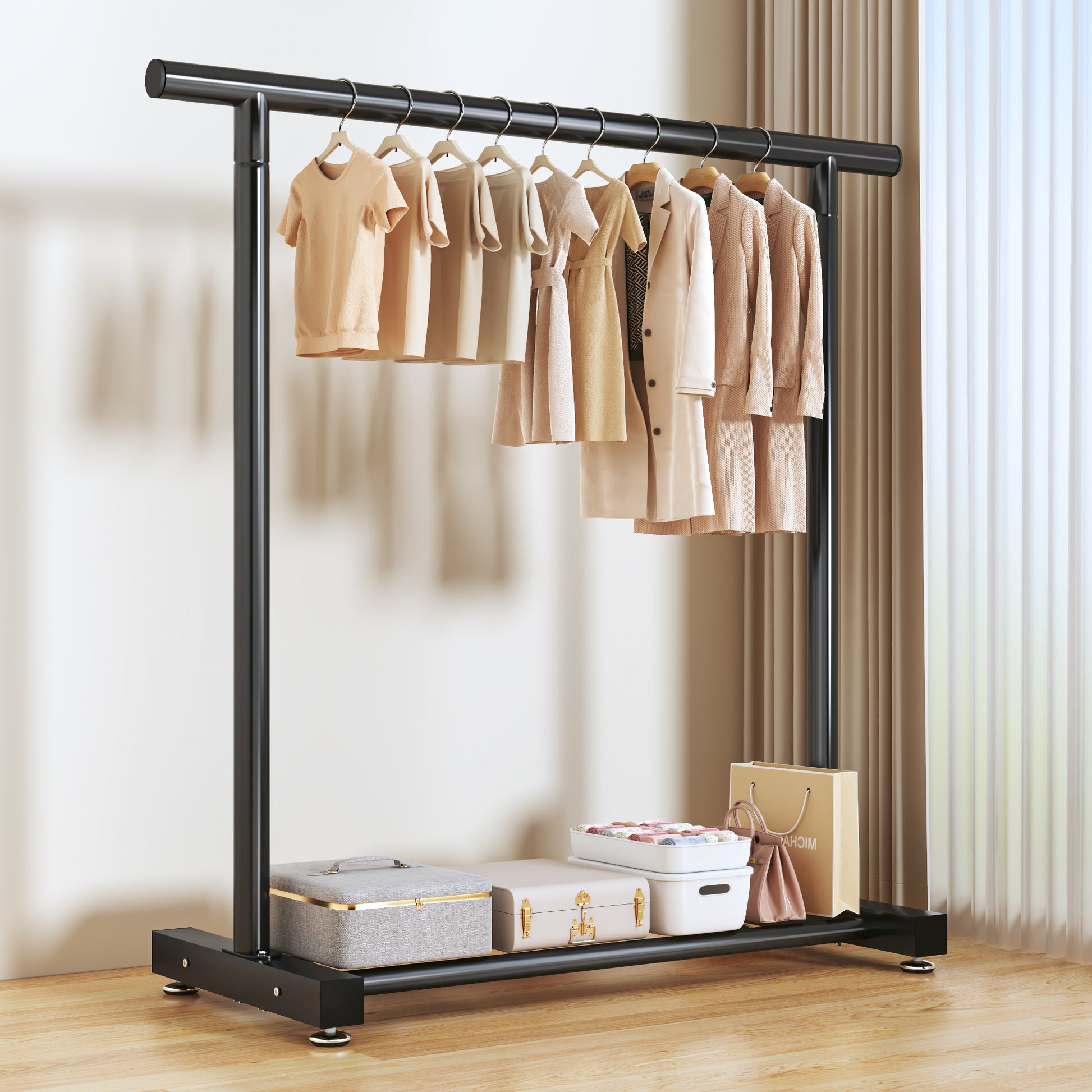Coat Rack,Dress Up Storage, Freestanding Garment Organizer with Top Rod and Storage Bottom Shelf Space-Saving for Bedroom Home