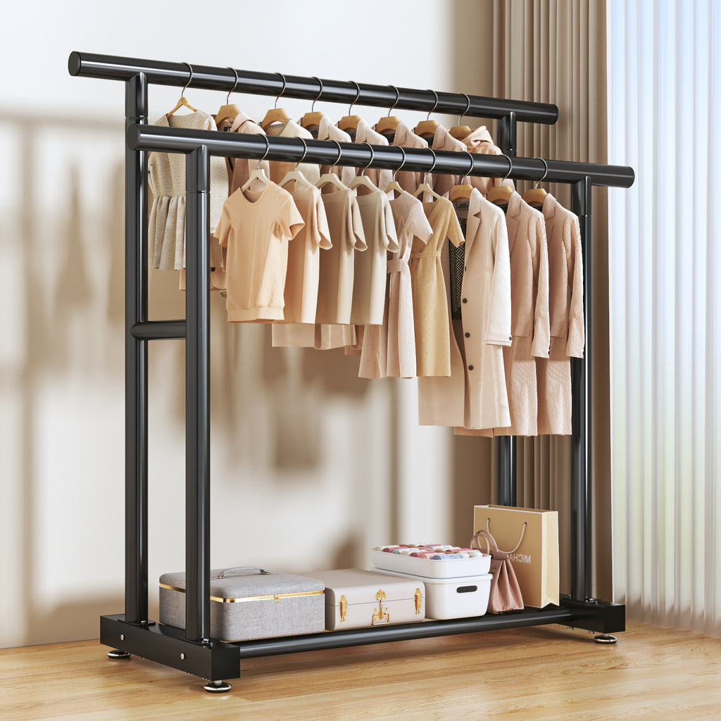 1.5m Double Round Straight Rod Clothes Rack - Black with Casters