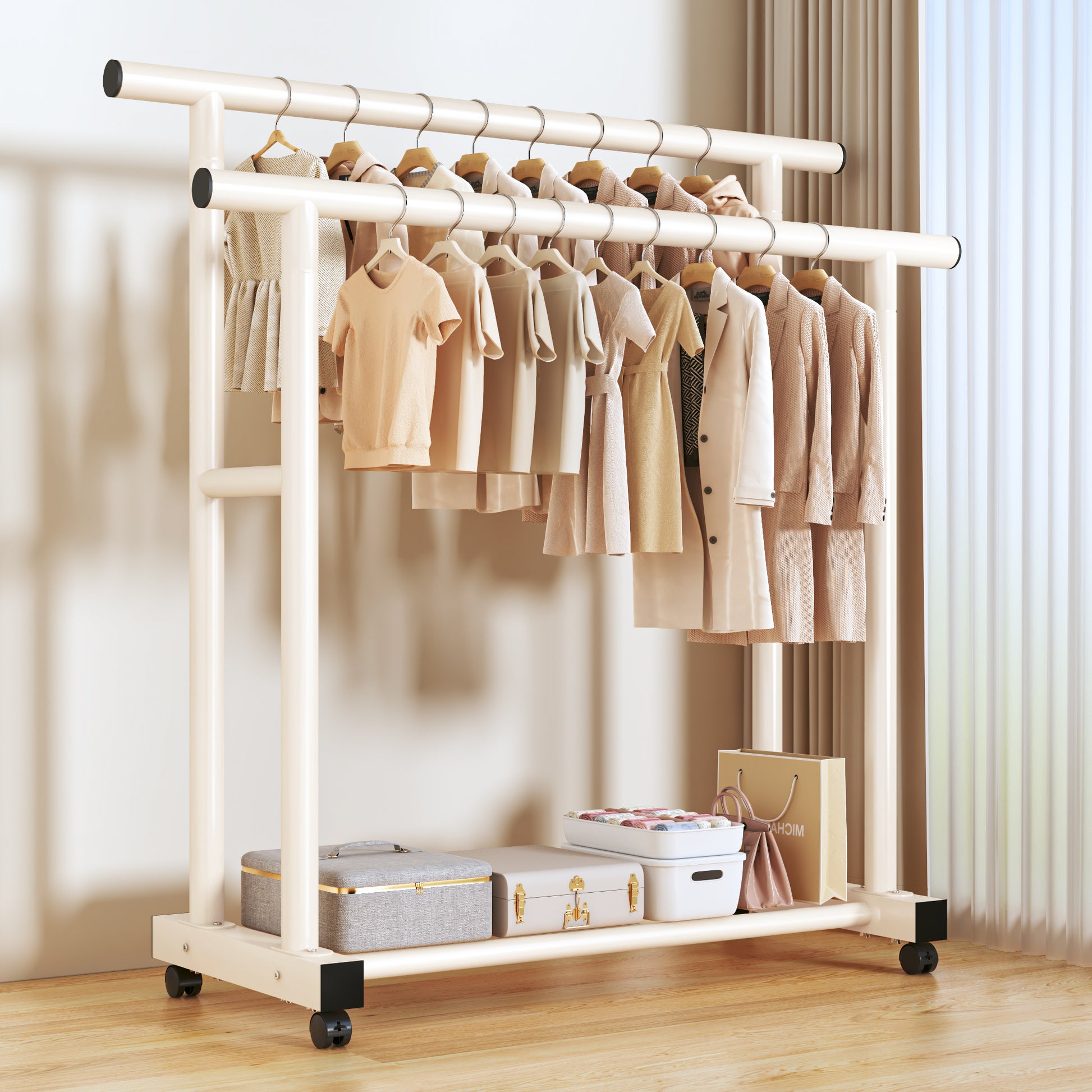 1.5m Double Round Straight Rod Clothes Rack - Black with Casters