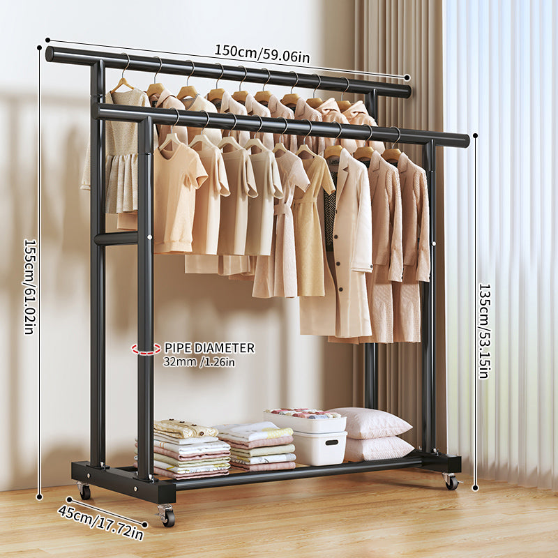 1.5m Double Round Straight Rod Clothes Rack - Black with Casters
