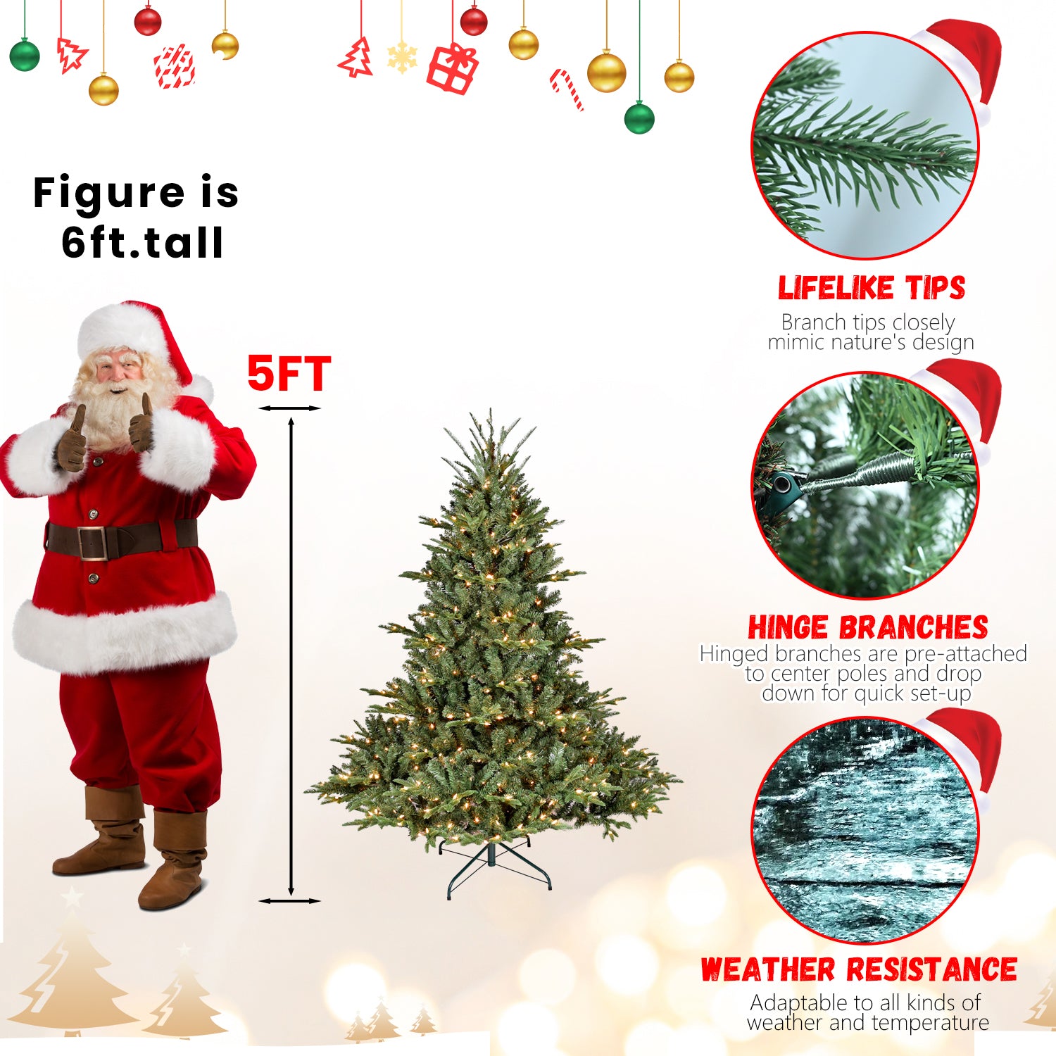 Natural-Looking Artificial Christmas Tree - Hinged Spruce Douglas Fir, PE+PVC Material, Christmas & New Year Party Decoration