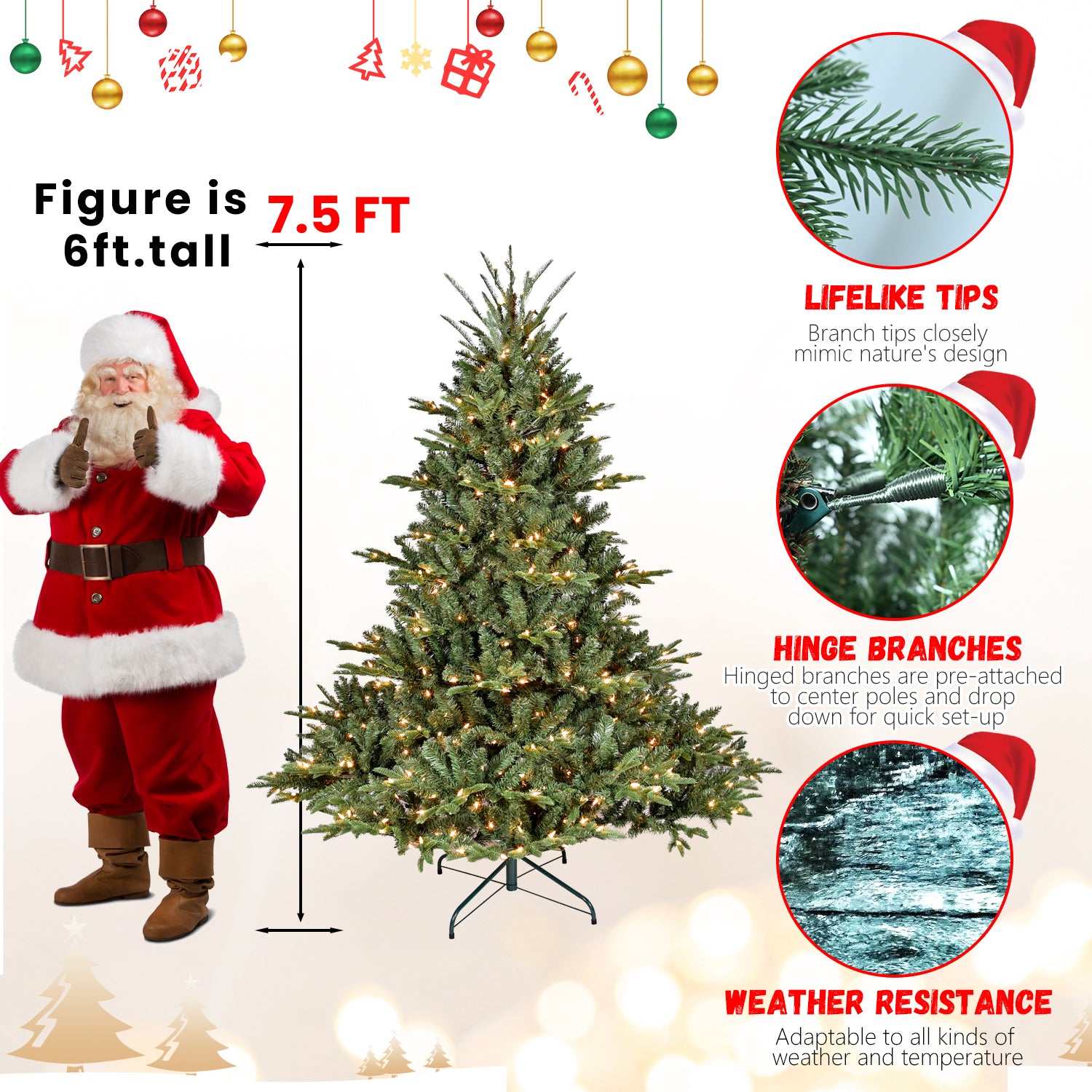 Natural-Looking Artificial Christmas Tree - Hinged Spruce Douglas Fir, PE+PVC Material, Christmas & New Year Party Decoration