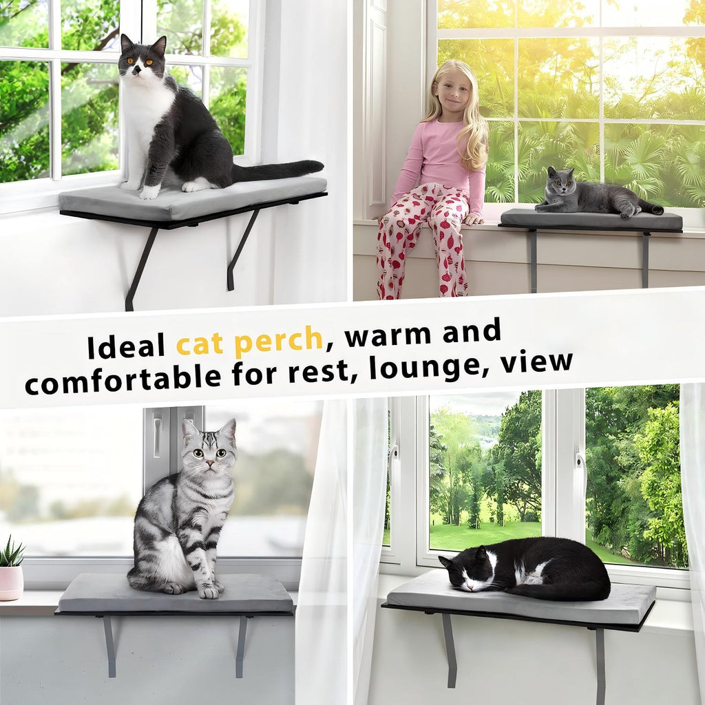 Window Cat Perch, Wall Mounted Cat Window Seat with Soft Washable Cushion, Grey Cat Bed for Indoor Cats