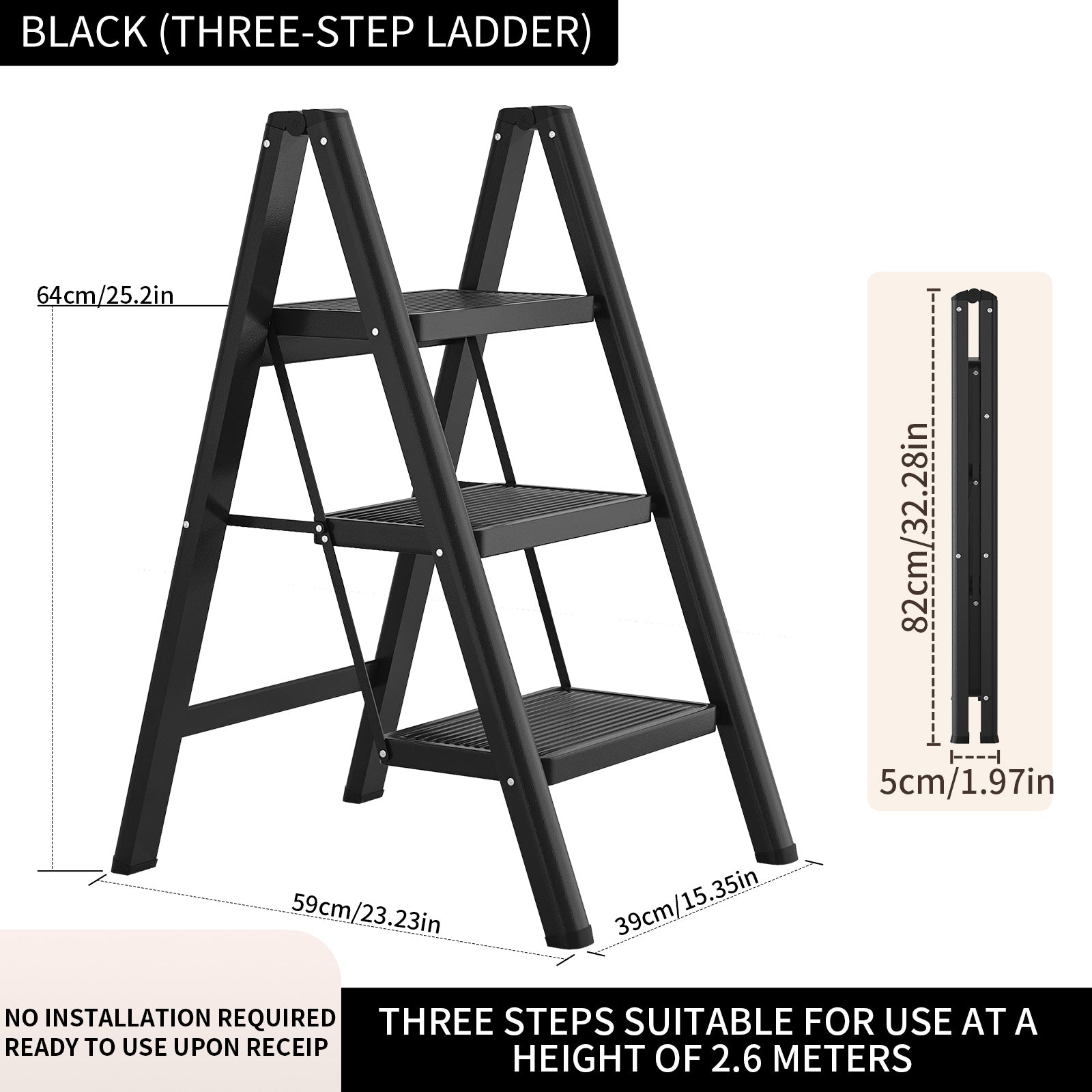 Ladder Folding Step Stool for Adults, Heavy Duty Steel, Anti Slip Wide Pedals Portable Lightweight Home Kitchen Office Closet