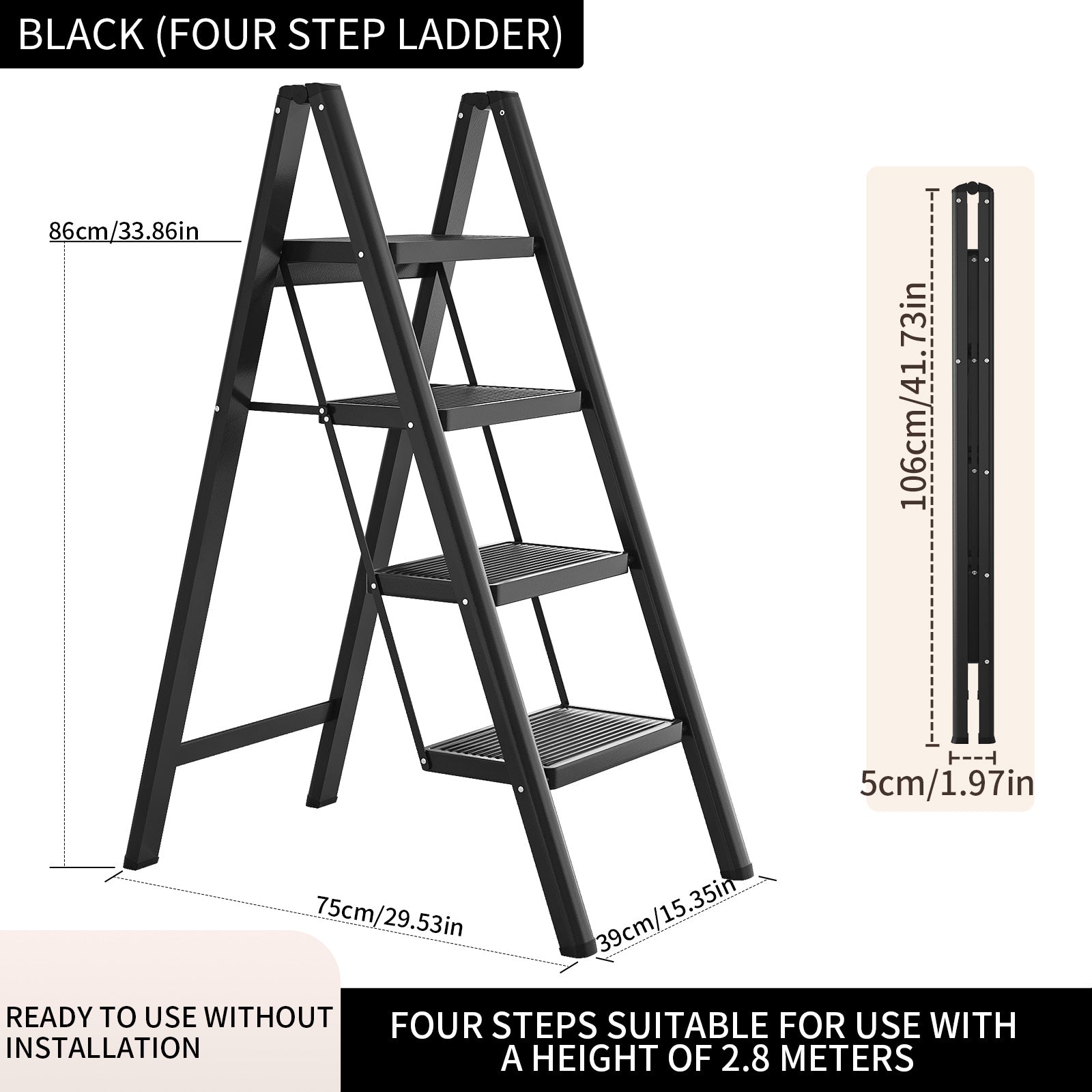 4 Step Ladder Folding Step Stool for Adults, Heavy Duty Steel, Anti Slip Wide Pedals Portable Lightweight Home Kitchen Office Closet
