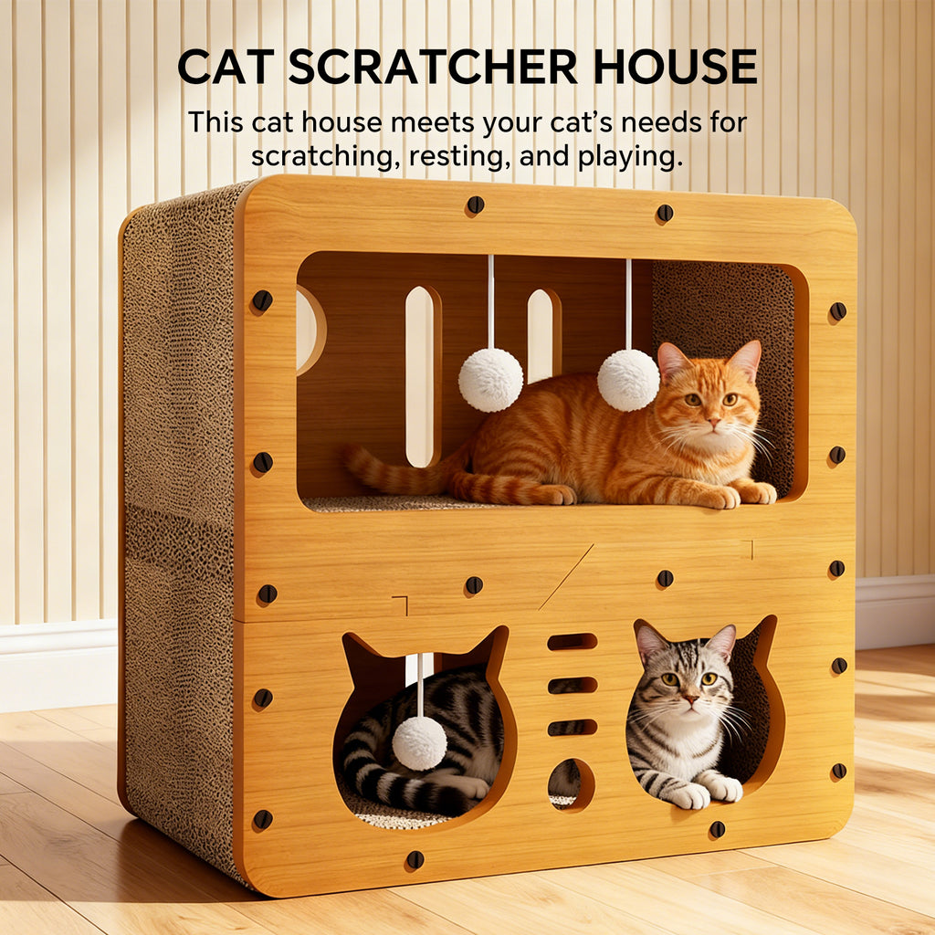 Cat Beds for Indoor Cats，Wooden Cat Scratcher House & Cardboard Condos，Covered Bedsure Kitten Bed Cave Furniture，Cute Playhouse Box，Large Size，Suitable for Cats up to 15 lbs