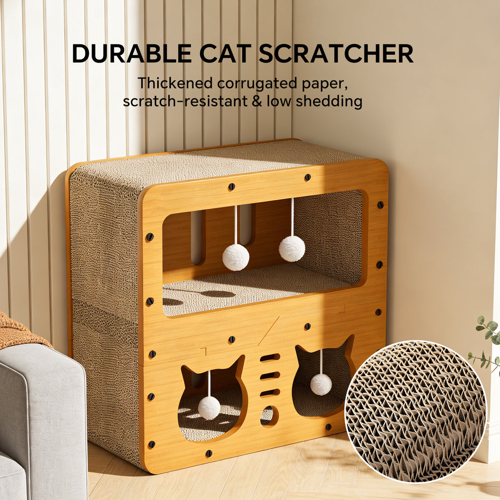 Cat Beds for Indoor Cats，Wooden Cat Scratcher House & Cardboard Condos，Covered Bedsure Kitten Bed Cave Furniture，Cute Playhouse Box，Large Size，Suitable for Cats up to 15 lbs